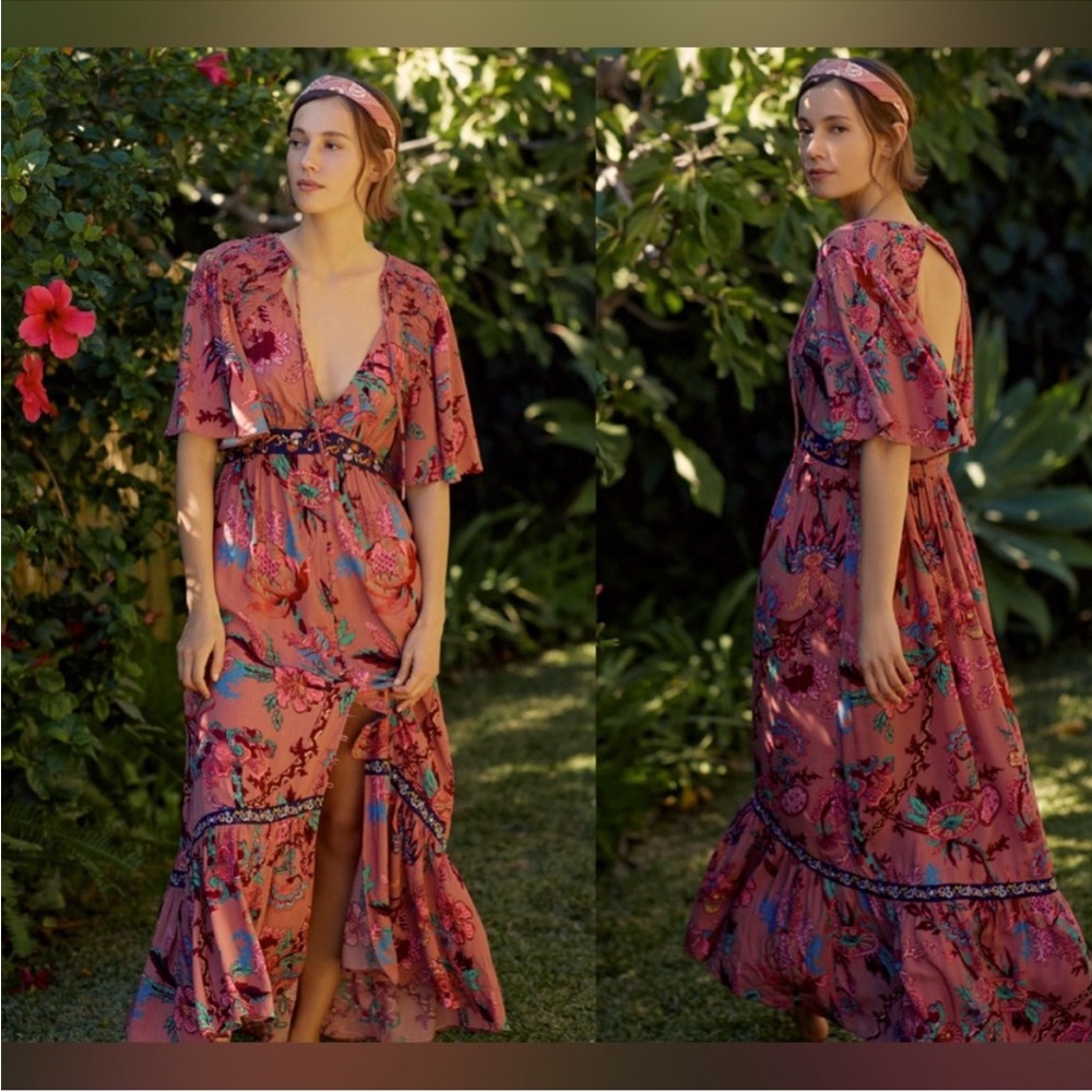 Anthropologie Ruffled Embroidered Maxi Dress Size XS - Picture 2 of 8